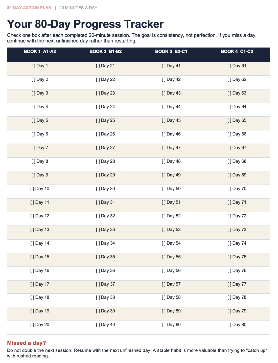 80-Day Action Plan progress tracker