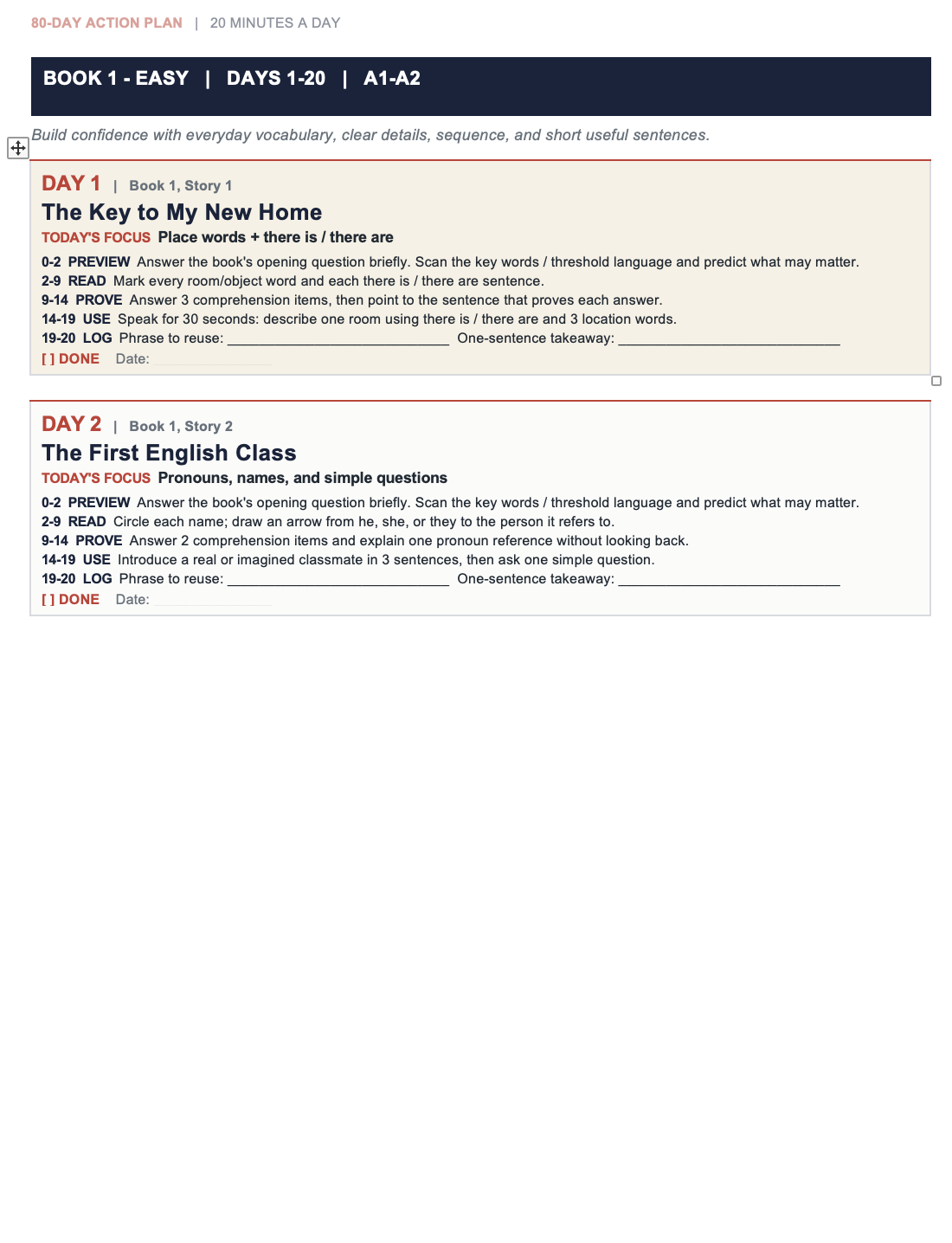 Sample page from the 80-Day English Reading Action Plan