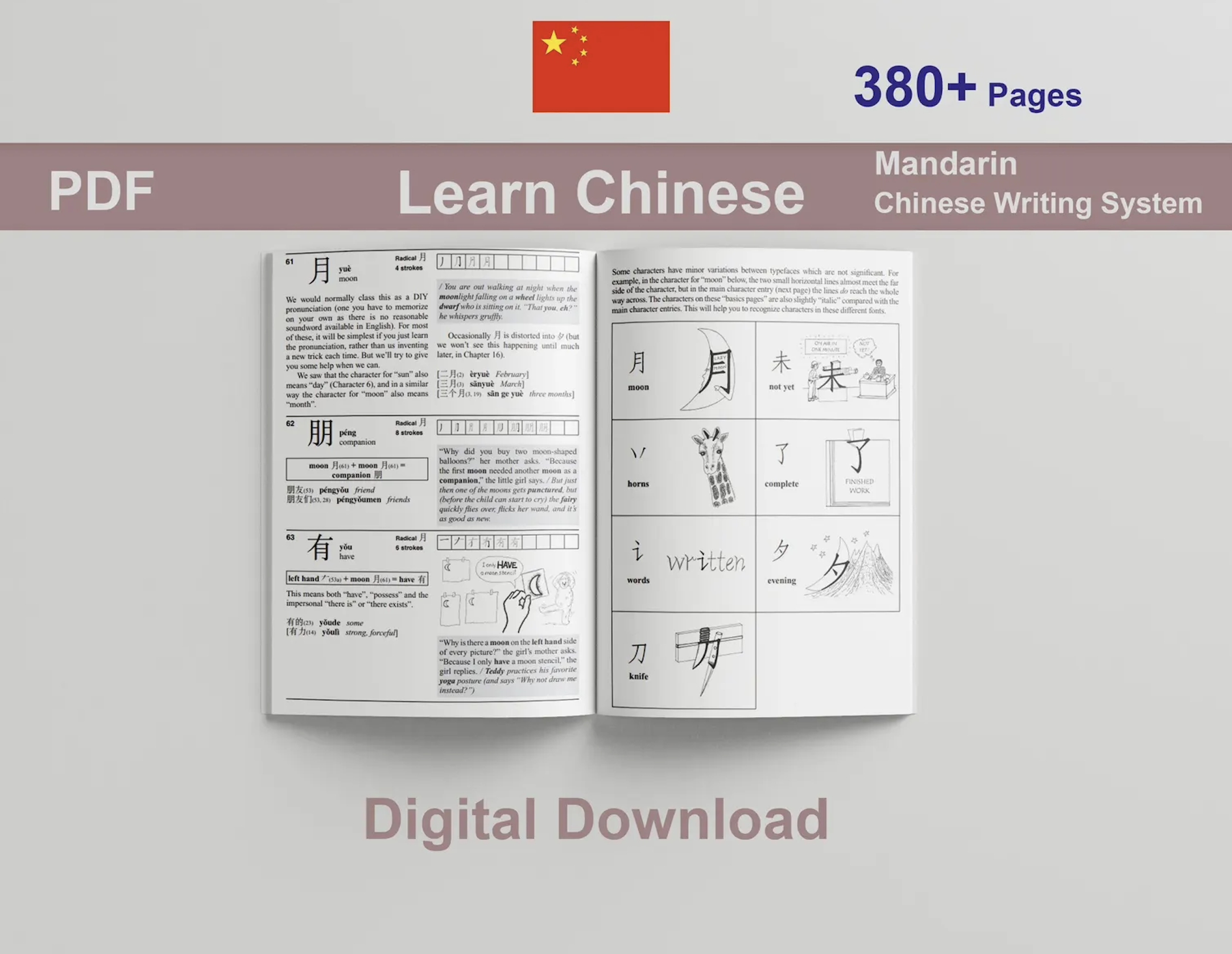 Chinese Learning Bundle – bilingual flashcards, HSK vocabulary PDFs, and a 380-page Chinese learning guide displayed on tablet and cards